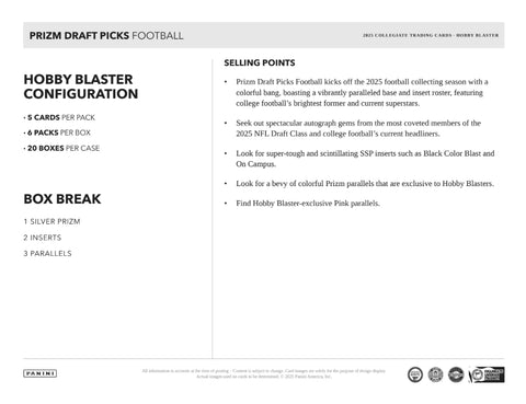 PRE-ORDER: 2025 Panini Prizm Draft Picks Football Hobby Blaster Box