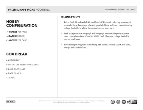 2025 Panini Prizm Collegiate Draft Football Hobby Box